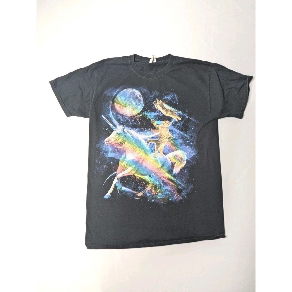 Unicorns Cats & Rainbows In Outer Space Fantasy Black SS T Shirt Size M